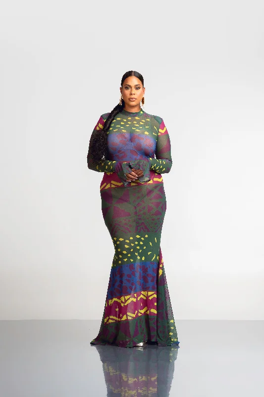 Lowest Price ANU GREEN LONG SLEEVE MAXI MESH DRESS