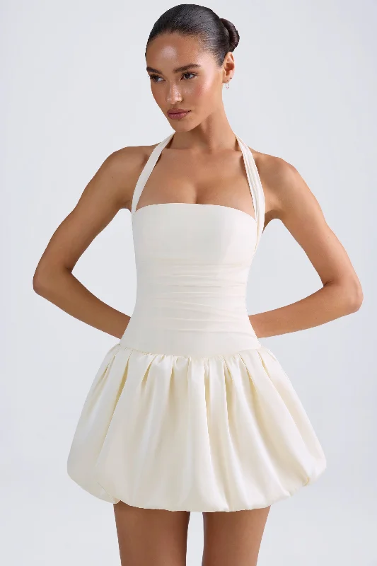 Early Access Halterneck Lace-Up Bubble Hem Corset Micro Mini Dress in Ivory