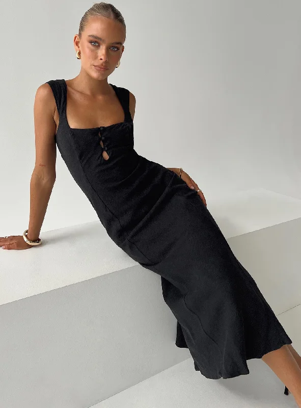 Best Seller Chosen Girl Linen Blend Midi Dress Black