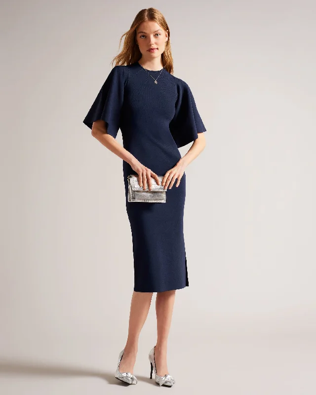 Limited Edition Lounia Fluted Sleeve Knitted Bodycon Midi Dress Dk-Blue