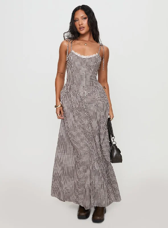 Warehouse Sale Dalanie Tie Strap Maxi Dress Brown Gingham