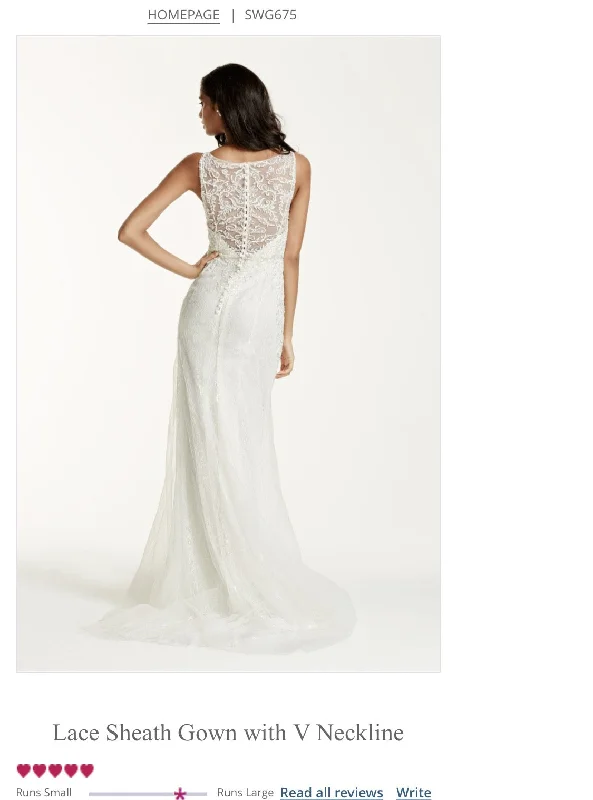 Stock Clearance David's Bridal Lace Sheath Wedding Gown with illusion low back