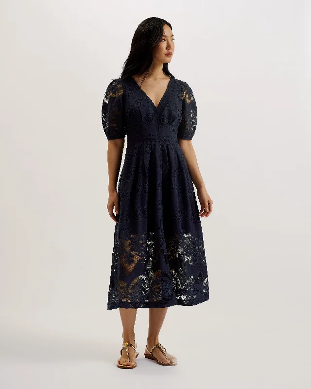 Blowout Sale Agnel Lace Puff Sleeve Midi Dress Navy