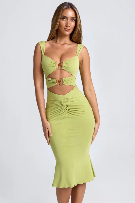 Best Seller Ruched Hardware Detail Cut-Out Midaxi Dress in Olive Green