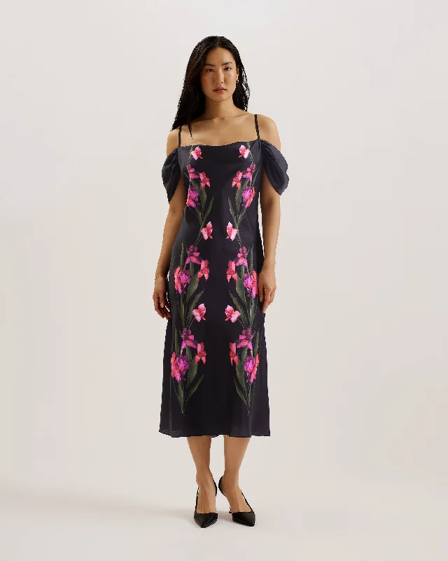 Hot Deal Lucern Satin Off the Shoulder Midi Dress Black