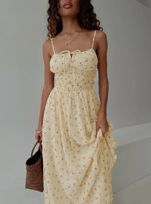 Mega Sale Pearle Shirred Maxi Dress Cream Floral