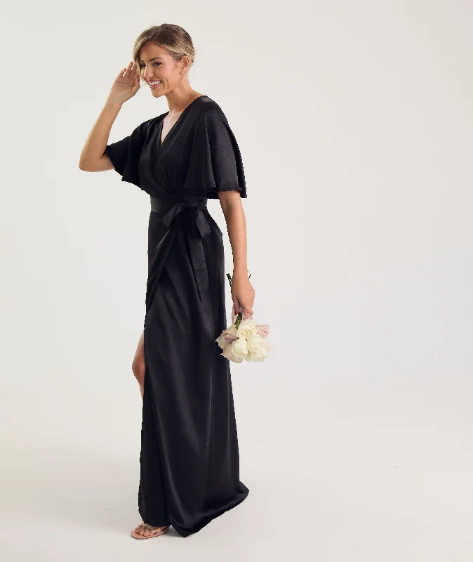 Midnight Madness Wrap Tie Satin Bridesmaid Dress - Black
