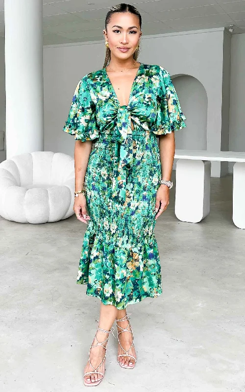 Online Only Amata Midi Dress - Green Floral
