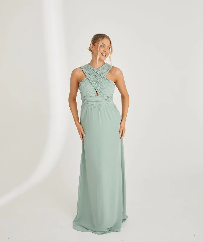 Today’s Deal Cross Neck Pleated Waist Chiffon Bridesmaid Dress - Sage