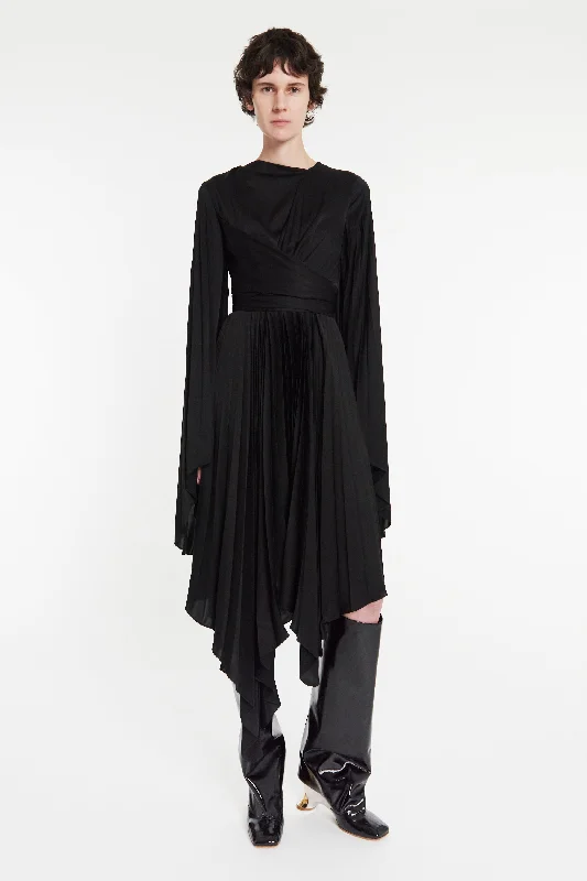 Special Discount Wrap Around Midi Dress With Pleated Skirt & Sleeves Black