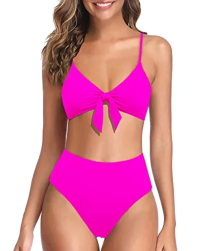 High Rise Two Piece High Waisted Bikini For Women-Neon Pink