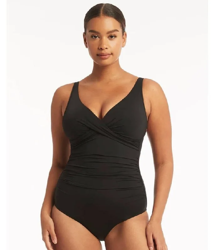 Mega Sale Sea Level Eco Essentials Cross Front A-DD Cup One Piece Swimsuit - Black