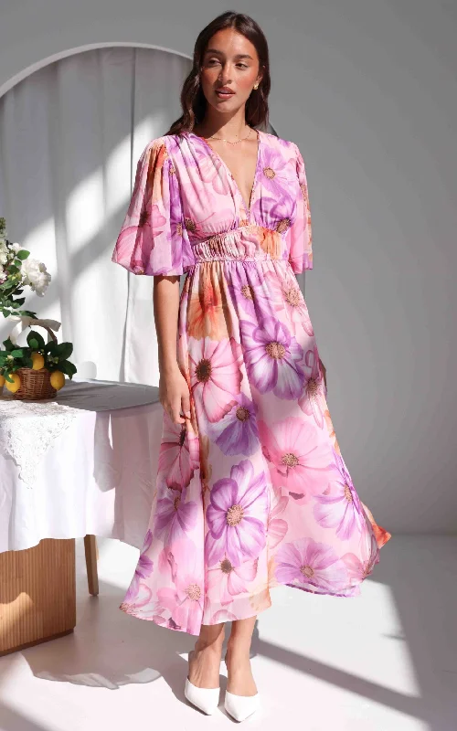 Markdowns Diana Short Sleeve Maxi Dress - Pink Lilac Floral