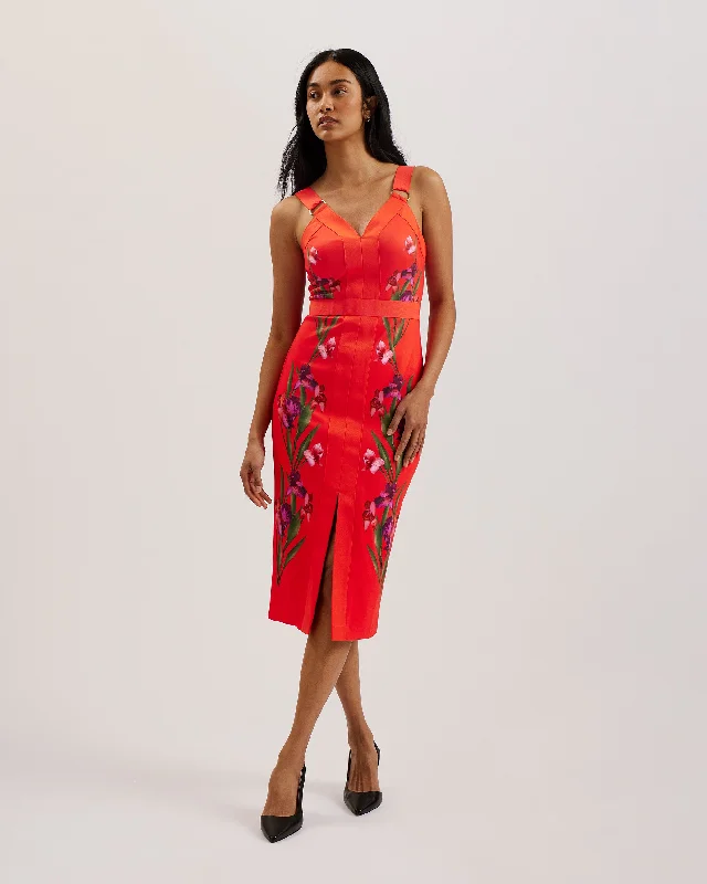 Don't Wait Maceio Printed Bodycon Midi Dress Brt-Red