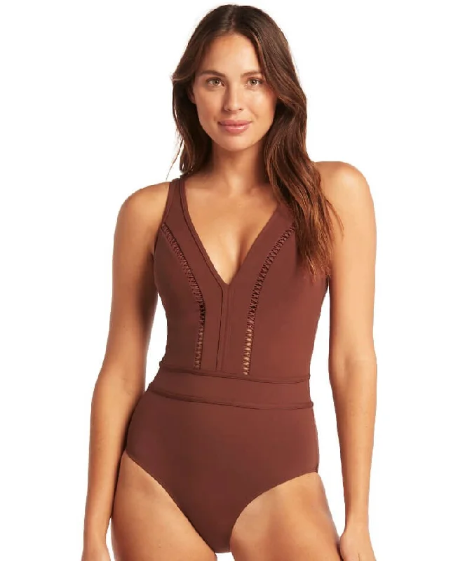 Shop and Save Sea Level Lola Shimmer Spliced Plunge with Ladder Lace One Piece Swimsuit - Cinnamon