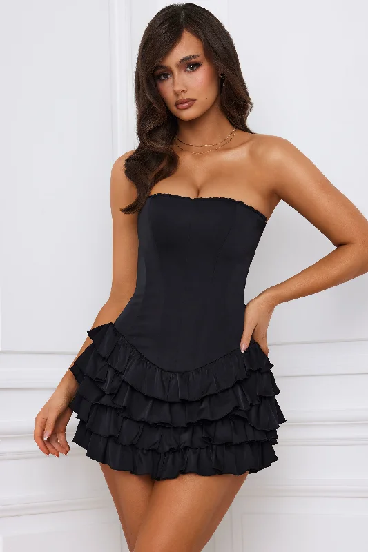 One-DAY Sale Bandeau Ruffled Tiered Corset Mini Dress in Black