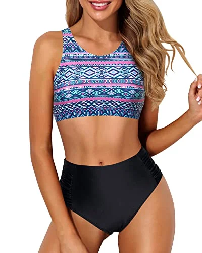 Crop Top High Waisted Two Piece Bikini For Large Breasted Women-Blue Tribal