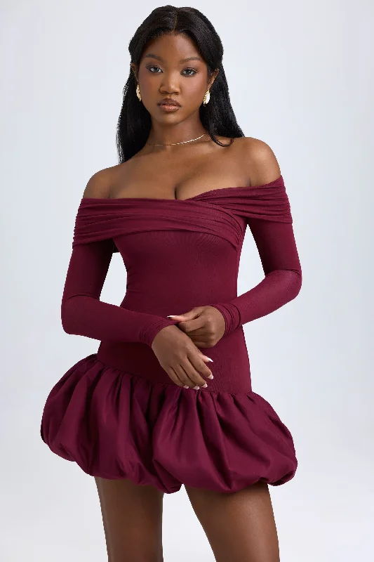 Today's Special Modal Off-Shoulder Bubble Hem Mini Dress in Wine Red