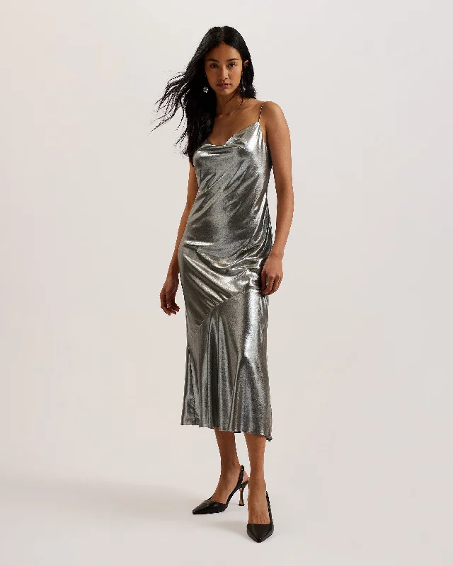 Huge Discounts Limern Cowl Neck Bias Cut Lurex Midi Dress Silver