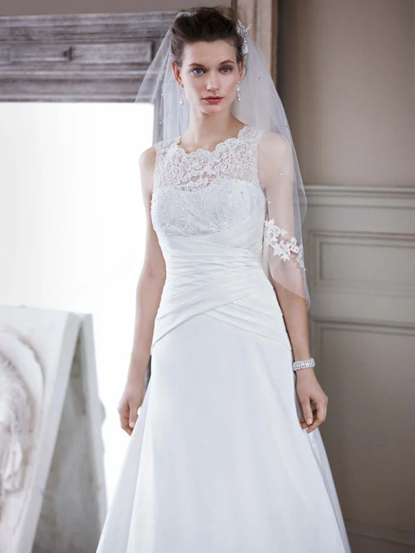 Weekend Special David's Bridal Taffeta A Line Gown with Illusion Lace Neckline St