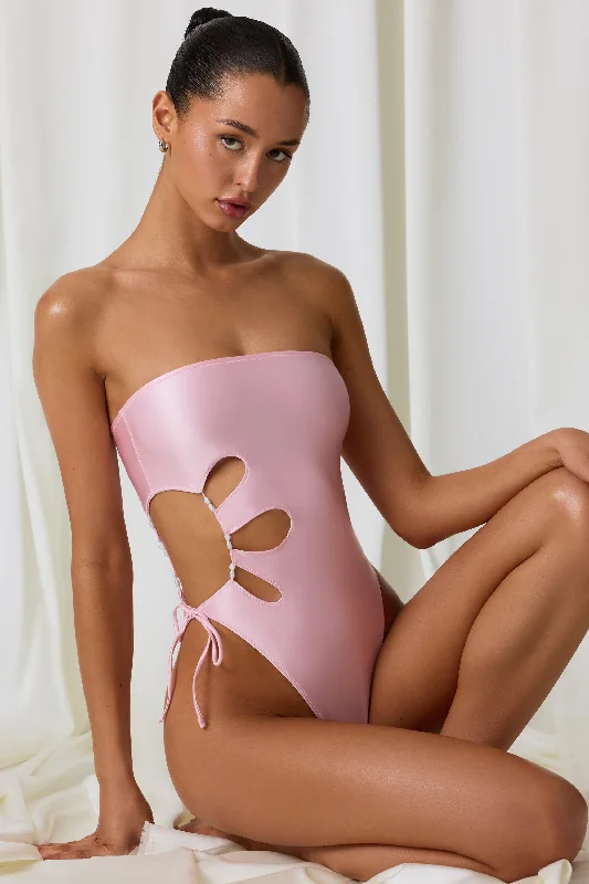 Final Sale Pearl-Detail Cut-Out Bandeau Swimsuit in Soft Pink