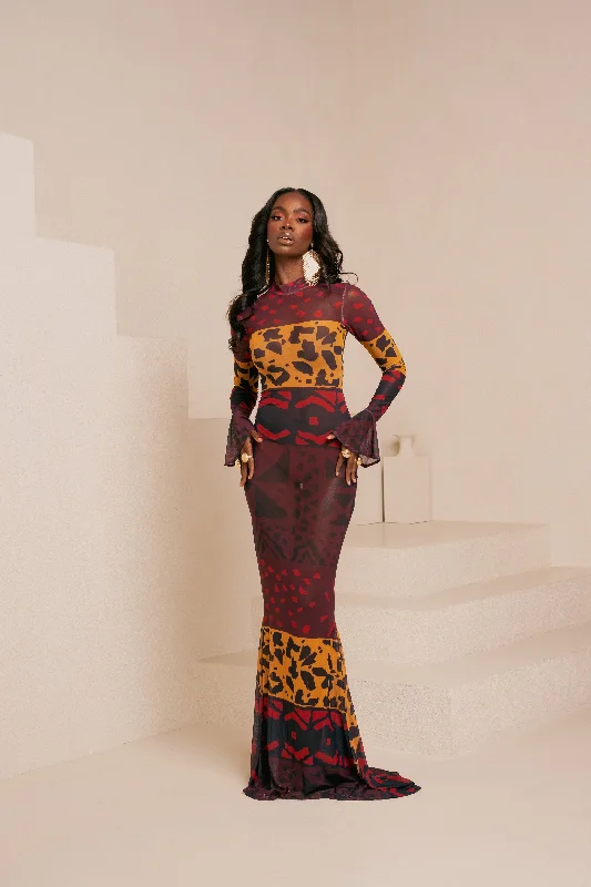 Year-End Sale ANU RED LONG SLEEVE MAXI MESH DRESS