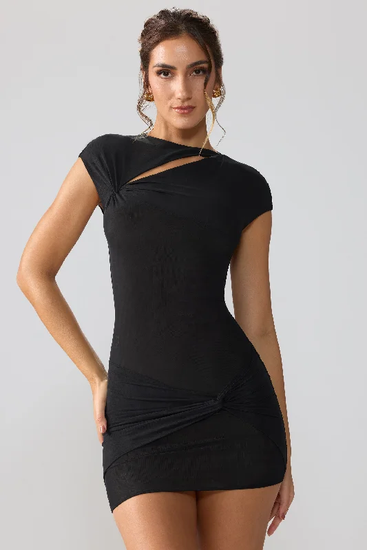 Don’t Miss Out Mesh Cap Sleeve Cut Out Mini Dress in Black
