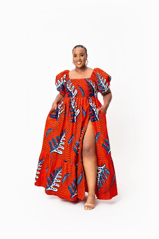 Steals and Deals TALIA Smocked Puffy Sleeve African print maxi dress