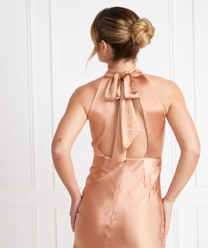 Deal Frenzy Halter Neck Satin Bridesmaid Dress - Burnt Peach