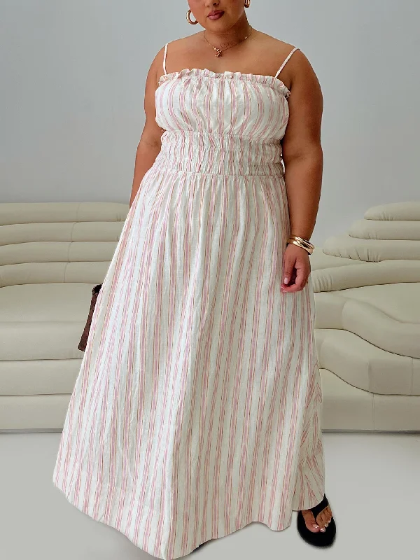 Discount Deals Persephone Shirring Linen Maxi Dress Pink Stripe Curve