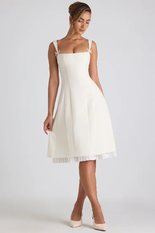 Take Advantage Bow-Detail Pleated A-Line Midi Dress in Ivory