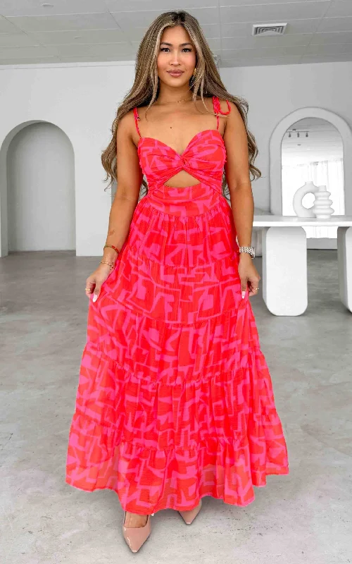 Quick Sale Yanis Maxi Dress - Red Pink Abstract Geometric Print