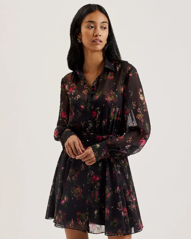 Grand Opening Sale Ebene Collared Printed Button Down Mini Dress Black
