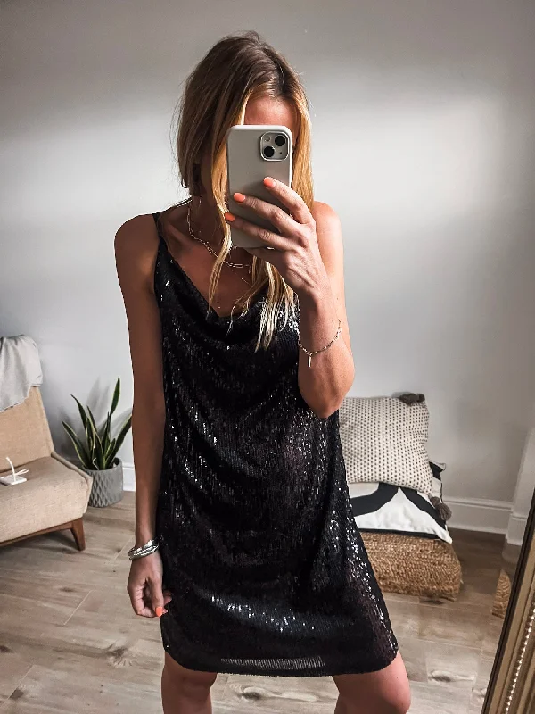 Super Bargain Strappy Cowl Neck Sequin Mini Dress