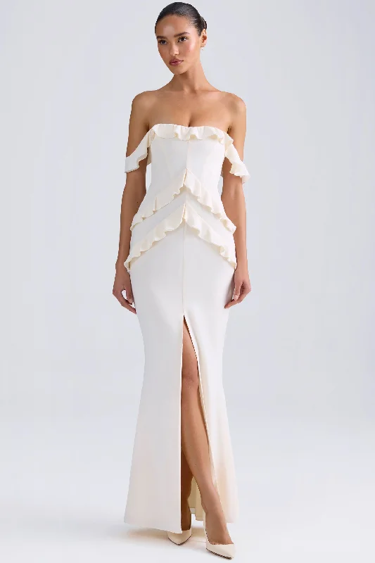 Discount Extravaganza Off-Shoulder Ruffle-Trim Gown in Ivory
