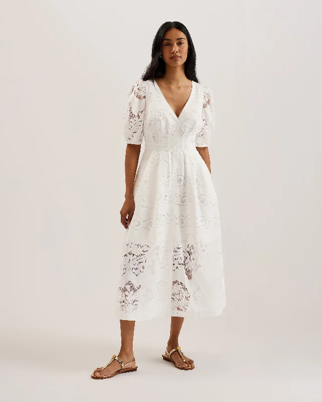 Stock Clearance Agnel Lace Puff Sleeve Midi Dress White
