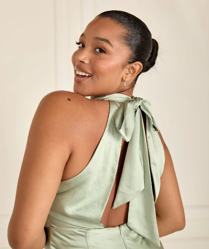 Final Clearance Halter Neck Satin Bridesmaid Dress - Sage