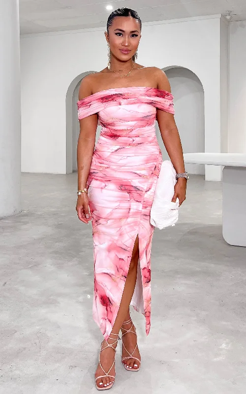 Weekend Deal Elka Mesh Midi Dress - Pink Gold Marble Print