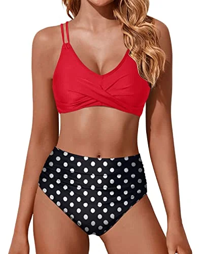 High Waisted Bikini Set Push Up Wrap Swim Suits Tummy Control Bathing Suits-Red Dot