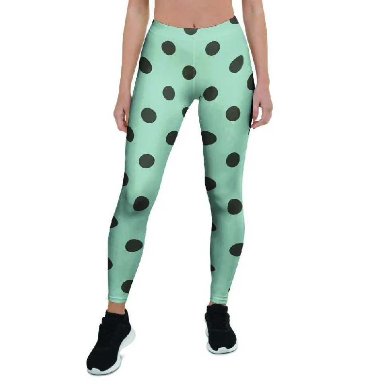 Savings Bonanza Aqua And Black Polka Dot Women's Leggings