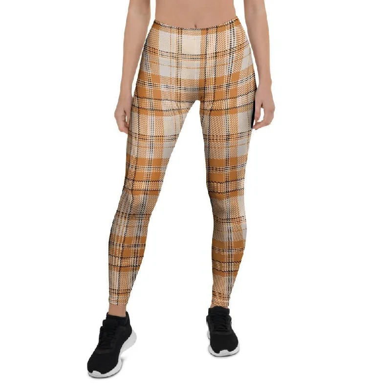 Beige Plaid Tartan Print Women's Leggings