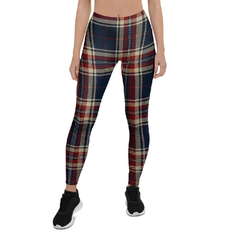 Beige Red And Blue Plaid Tartan Women's Leggings