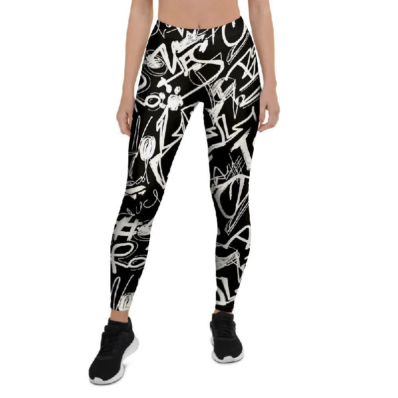 Black And White Graffiti Doodle Text Print Women's Leggings