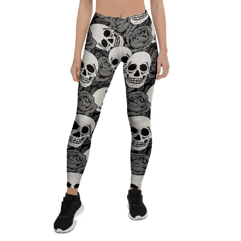 Black And White Rose Floral Skull Women's Leggings