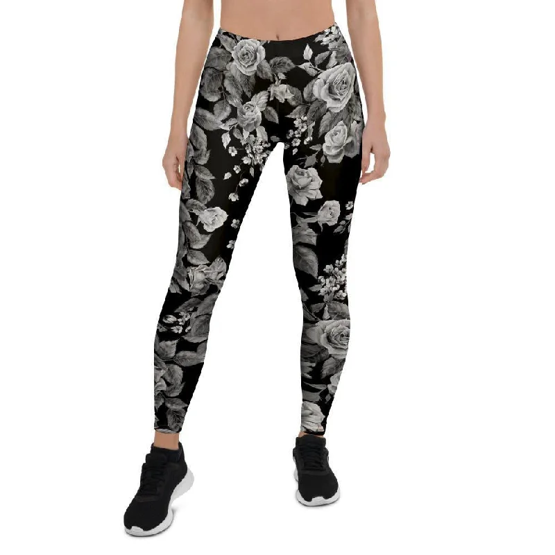 Black And White Rose Flower Women's Leggings