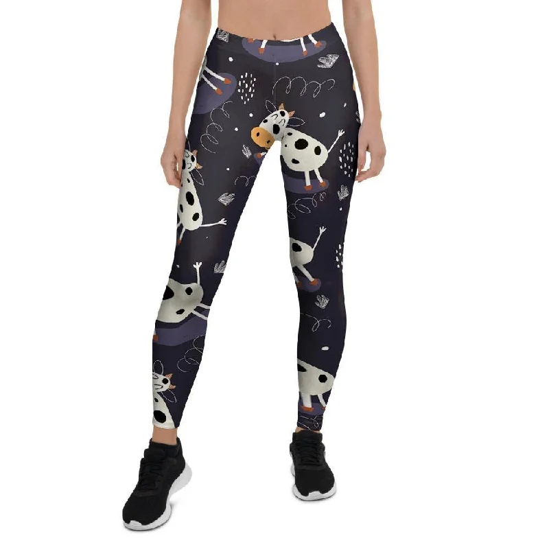 Black Cartoon Cow Print Women's Leggings