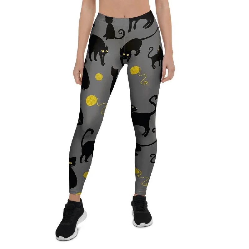 Black Cat Knit Print Women's Leggings