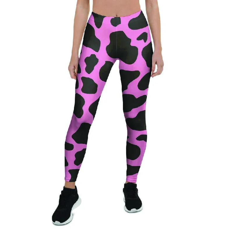 Black Pink Cow Print Women's Leggings