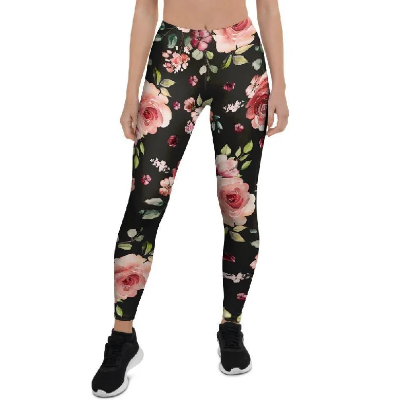 Black Pink Rose Flower Print Women's Leggings