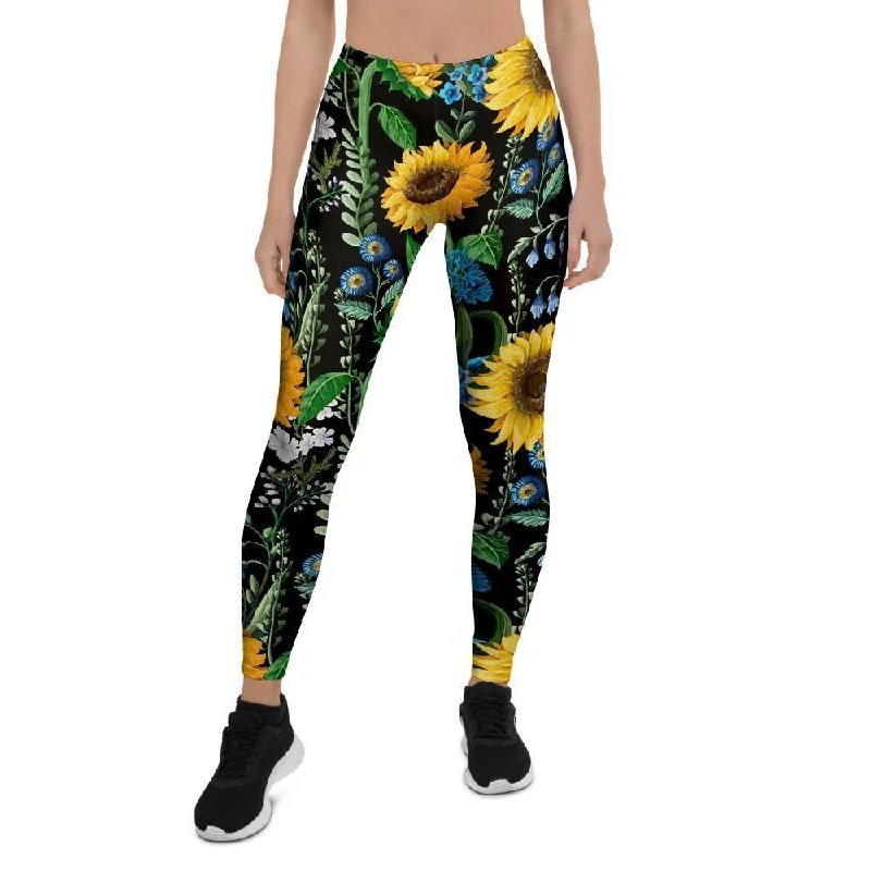 Black Sunflower Floral Women's Leggings